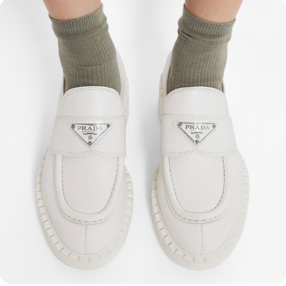 PRADA White Brushed Leather Logo Plate Loafers IT36